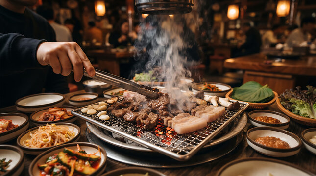 Korean BBQ meat and garlic grilling with perilla leaves and banchan