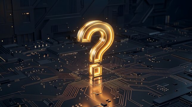 Minimalist glowing gold question mark on futuristic dark circuit board representing AI mystery, digital inquiry, and tech problem solving.