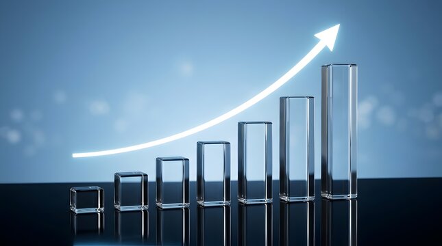 Minimalist futuristic business growth concept featuring transparent glass bar chart blocks and a glowing white upward arrow on a blue bokeh background.