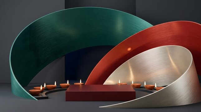 Diwali festival product display podium. Festive celebration setup with glowing oil lamps. Curved metallic arches in green and red. Elegant stage pedestal for holiday marketing and brand promotions