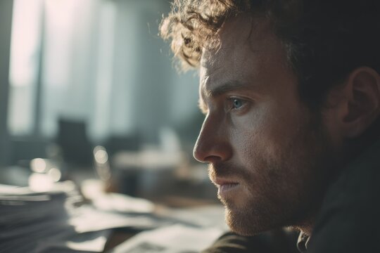 Profile portrait of a thoughtful man in a modern office setting with natural light