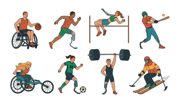 Disabled athletes vector character set featuring parathlete competitors playing basketball running soccer baseball skiing high jump and heavy weightlifting
