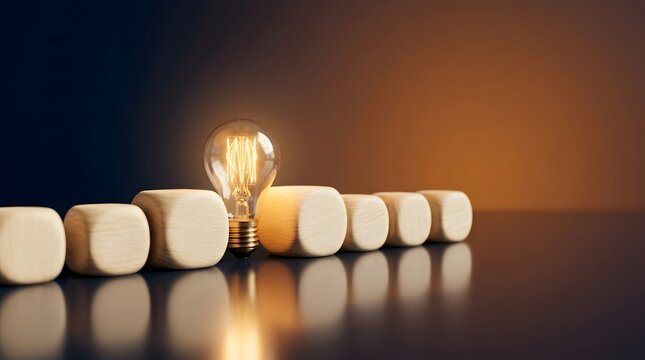 Minimalist photorealistic concept of a glowing light bulb among wooden cubes, symbolizing innovation, leadership, and unique ideas on a dark reflective surface.
