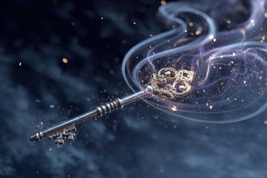 Ornate antique key floating with glowing blue smoke against a dark background