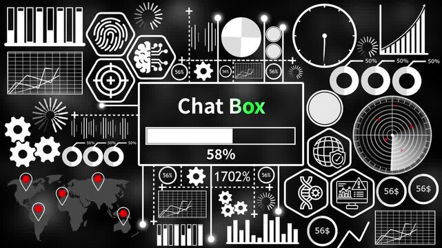 chat box set with futuristic HUD interface elements and abstract infographic charts on dark background 4k video
