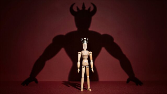 Wooden figure crowned, shadowed by a menacing horned king behind.