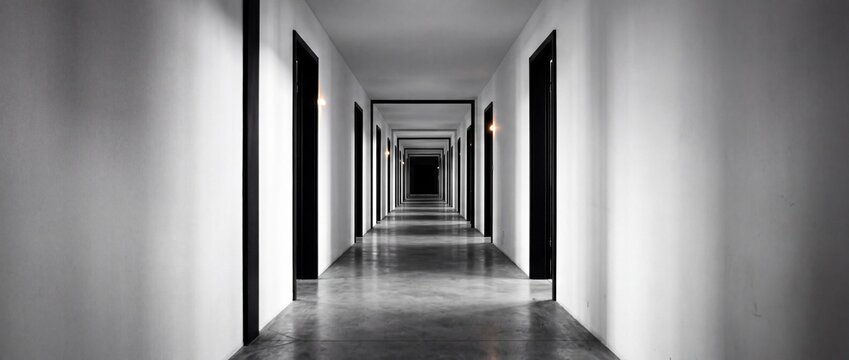 Long dark hallway with white walls and doors receding into darkness creating a sense of mystery and endlessness for design.