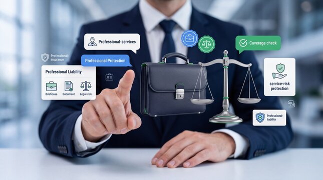 Businessman interacting with professional liability and insurance service icons in a modern office