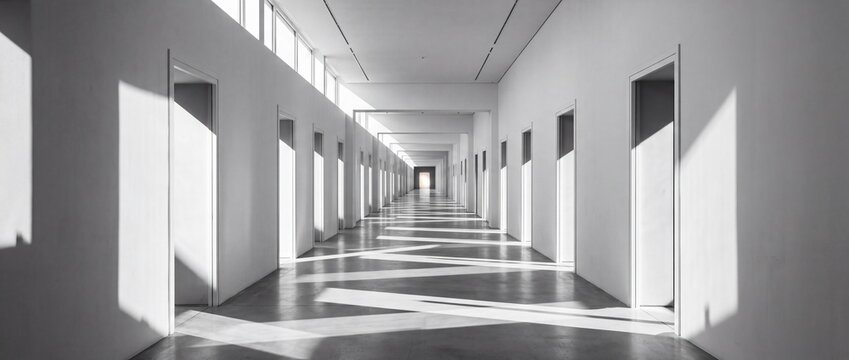 Long white corridor with doors and windows, dramatic sunlight and shadows create an abstract architectural composition for backgrounds.