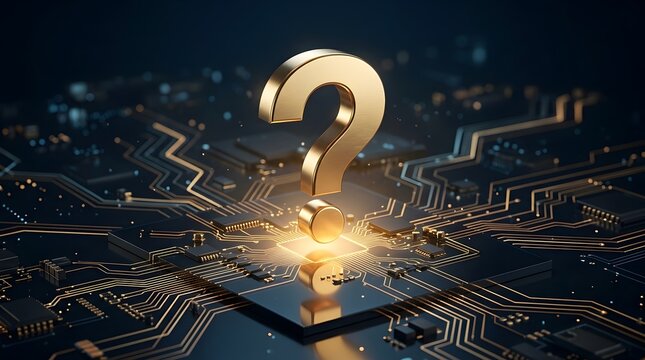 Golden 3D question mark symbol glowing on a futuristic electronic circuit board, representing digital business uncertainty, artificial intelligence inquiries, and high-tech innovation concepts.