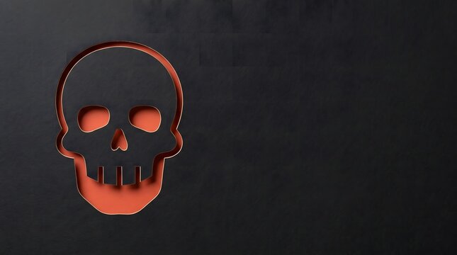 Skull cutout on a dark textured background. 3D paper cut design featuring a human cranium silhouette with glowing orange light underneath. Halloween and spooky theme graphic