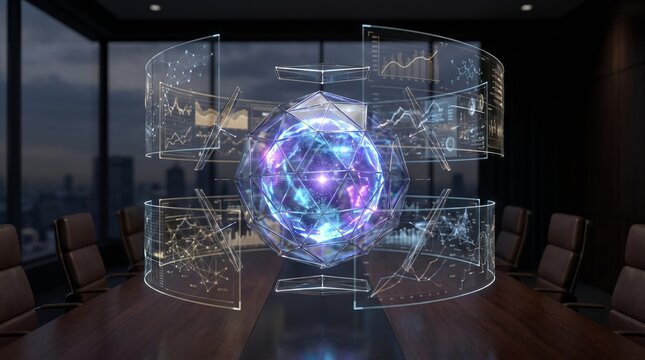 Holographic AI sphere displaying multidimensional financial analytics in a dark corporate boardroom.