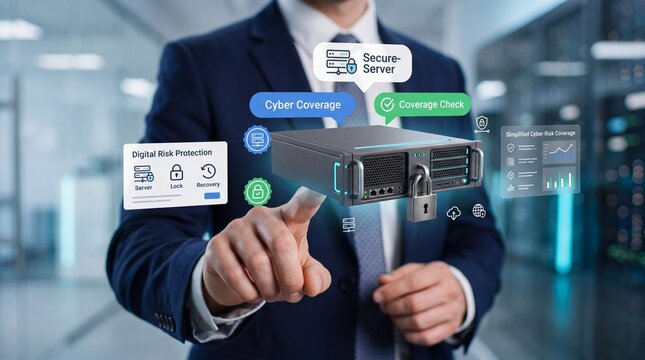 A businessman touching a virtual server interface with cybersecurity icons in a data center room