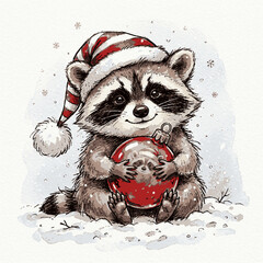 Fototapeta premium A cute raccoon cub wearing a festive striped hat while holding a red holiday ornament in snow with ornament with winter hat sits
