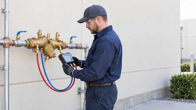 Technician Testing Commercial Backflow Preventer with Differential Pressure Gauge