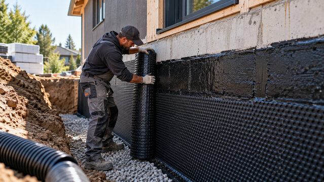 Foundation Waterproofing Membrane Installation on Residential House