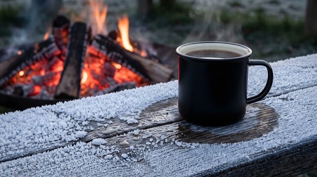 Campfire morning and hot coffee. Black enamel mug on a frosty wooden bench with steam rising. Burning logs and glowing embers in an outdoor fire pit during winter. Cozy travel and camping scene