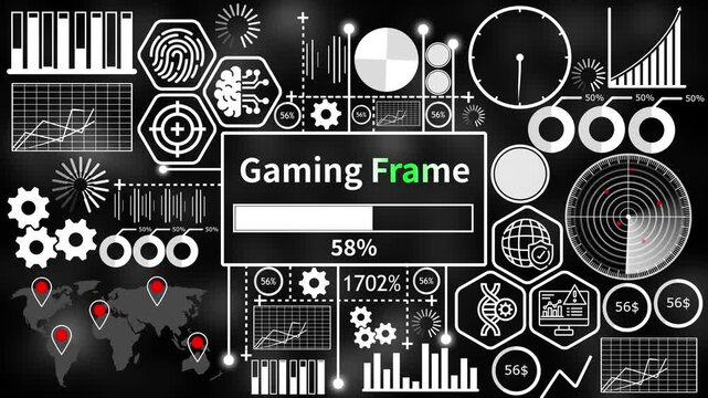 gaming frame set with futuristic HUD interface elements and abstract infographic charts on dark background 4k video