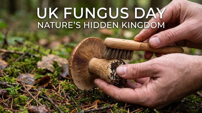 Hands cleaning a wild brown mushroom with a wooden brush in a forest setting with text overlay u k fungus day natures hidden kingdom
