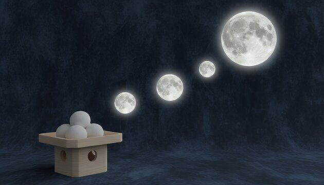 月見団子から浮かぶ満月の幻想的な十五夜