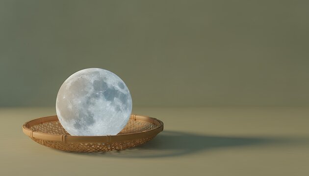 竹かごに置かれた満月と余白のある幻想的な情景