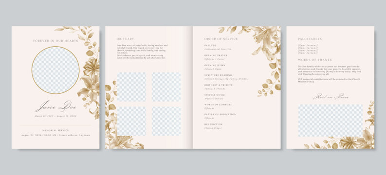 Elegant floral funeral program template, gold lilies and leaves memorial service vector