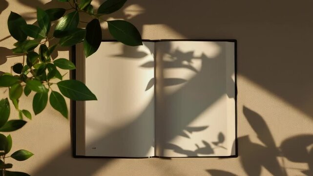 Open notebook with green plant and leaf shadow, warm sunlight over blank page, calm botanical composition with natural light, neutral wall, soft shadow, beige workspace, journaling and creative copy