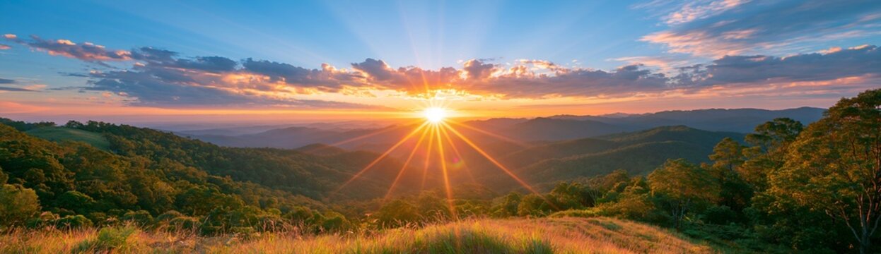 Golden sun rises over rolling green hills.