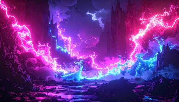 Glowing magical energy flows over dark jagged rocks