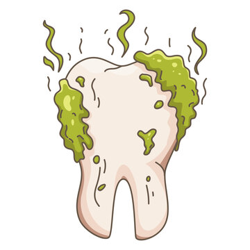 A cartoon vector illustration depicting damaged and decayed teeth covered in plaque and emitting bad breath, illustrating poor oral hygiene.