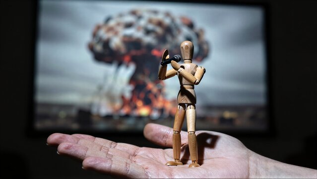 Wooden figure holds microphone, stands before nuclear explosion image on screen.