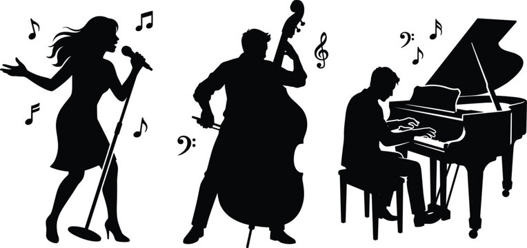 Black and white vector silhouette of a jazz band with singer and musicians