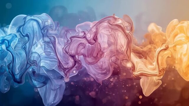 Colorful abstract ink cloud in blue, purple, pink, orange, and gold forming fluid wave with glowing particles, swirling translucent forms, vibrant atmospheric background for creative design