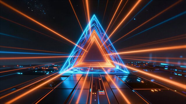 Neon triangle portal with radiant orange and blue light beams in futuristic digital space.