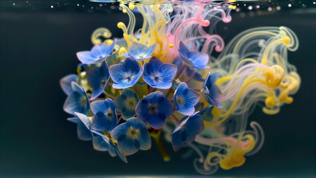Blue hydrangeas bloom underwater, surrounded by swirling colorful ink.