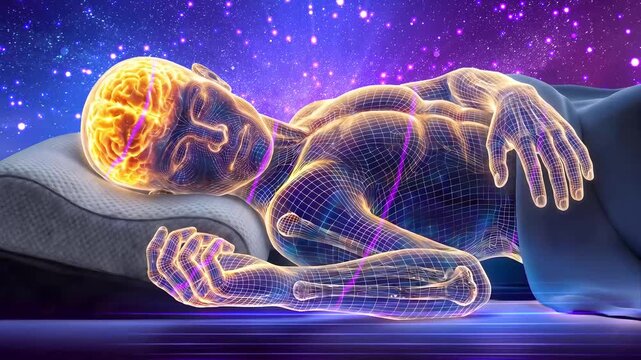 Futuristic Wireframe Human Body Sleeping with Glowing Orange Brain, Skeleton Scan, and Cosmic Galaxy Space