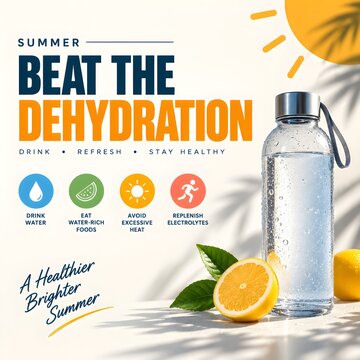 Summer hydration and dehydration prevention with fresh water bottle, lemon and hot weather