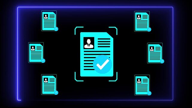 Close-up of person neon glow line with digital approved document icons signifying file verification and recruitment process completion. Motion graphics of personal document verify concept.