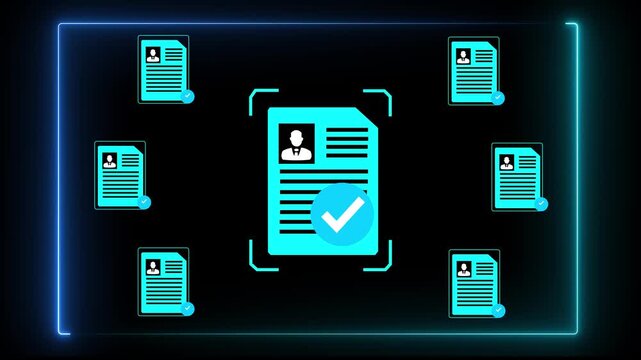 Close-up of person neon glow line with digital approved document icons signifying file verification and recruitment process completion. Motion graphics of personal document verify concept.