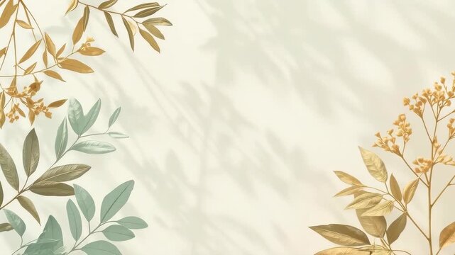 Botanical leaf frame with dried branch, natural foliage shadow pale beige background, elegant olive green leaves and ochre branches forming peaceful border, spacious cream copy area for seasonal wall