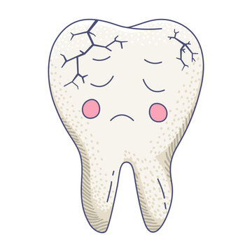 A vector illustration of a cracked tooth with a sad facial expression, symbolizing tooth damage or pain.