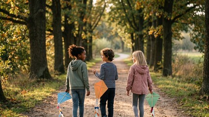 Obraz premium Three diverse children walking on a path in a park holding kites during autumn
