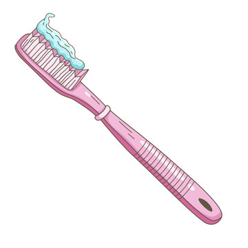 hand-drawn illustration of a pink plastic toothbrush with a swirl of light blue gel toothpaste on the bristles