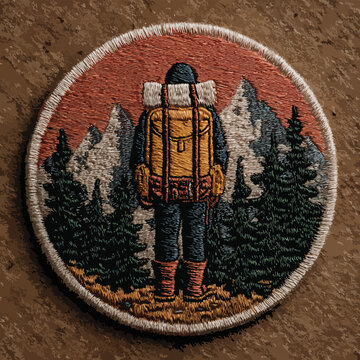 Embroidered circular patch of a backpacker facing mountains and pine trees, isolated on transparent alpha, perfect for adventure blogs, outdoor gear marketing and travel promotions.