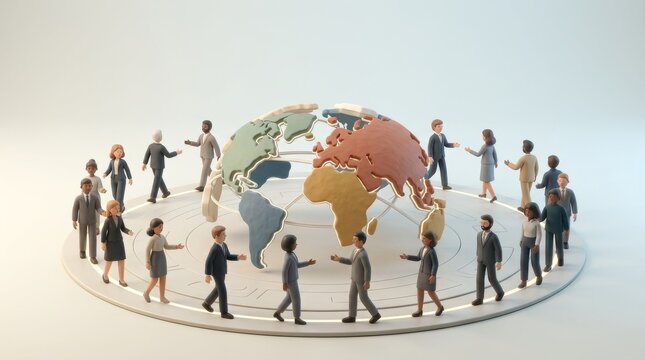 Shaping Global Economic Policy in an Interconnected World, A diverse group of people interacting around a stylized globe model.