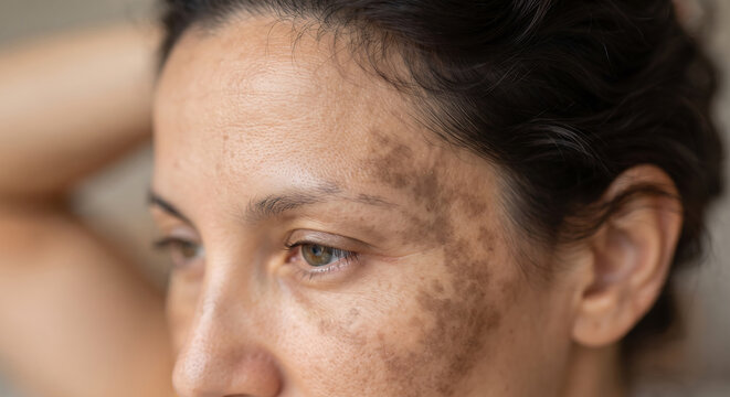 Woman with Melasma: A close-up portrait of a woman's face showing hyperpigmentation, likely melasma, on her cheek and forehead, hinting at concerns about skin health and beauty.