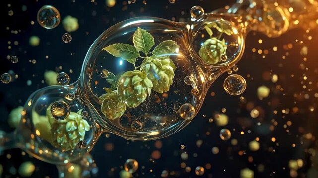 Botanical Glass Sphere with Mint Herb Leaf, Seed Pod and Bubble Floating Golden Light, Luminous Natural Composition with Water Droplets, Sparkling Particles and Atmospheric Depth Against Dark
