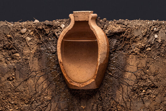 Buried clay olla ancient subsurface irrigation cross-section with water seepage