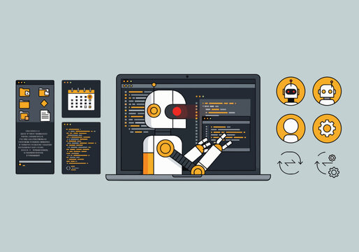 Modern robot programming on laptop with code, icons, and calendar, ideal for technology concepts, AI development and software engineering.