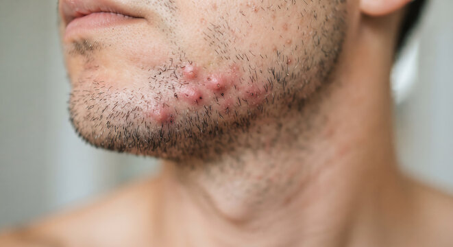 Acne on Man's Chin: A close-up shot focuses on a man's chin, revealing clusters of red pimples and blemishes, highlighting the common skin condition.
